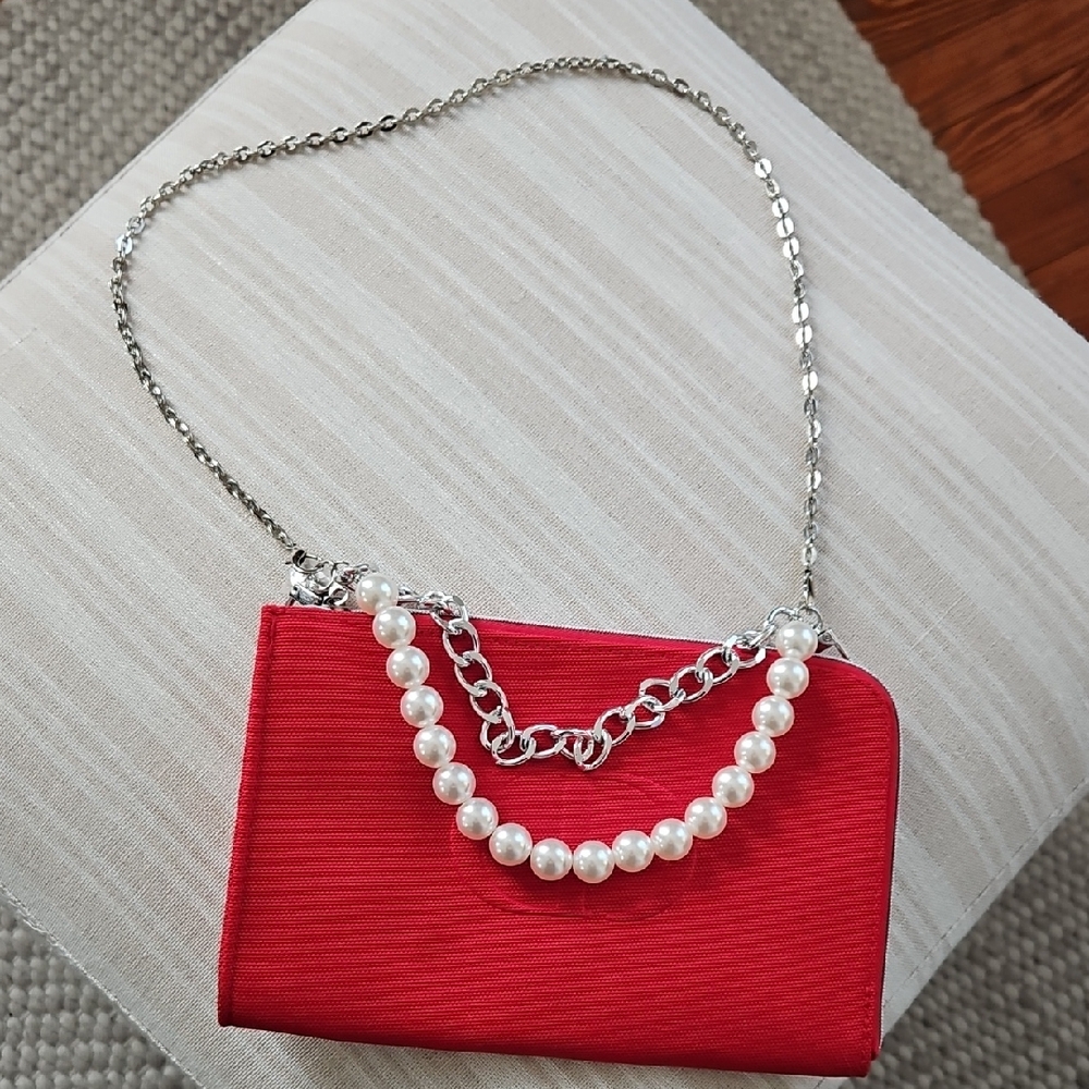 Upcycled Christian Dior Clutch with Pearl  Handle And Shoulder Chain Strap